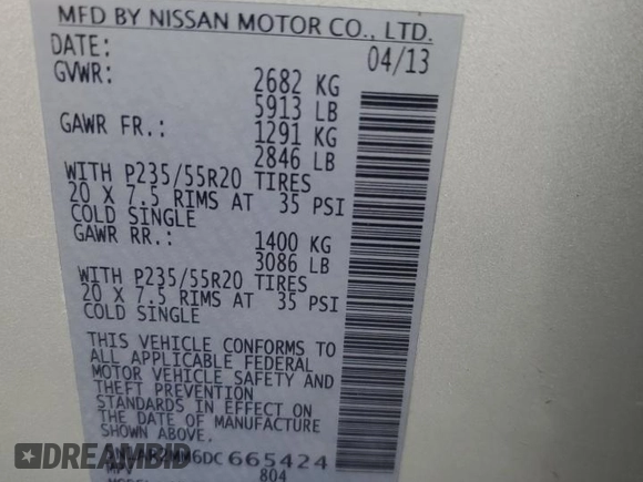 2013 Nissan Pathfinder Platinum with VIN 5N1AR2MM6DC665424, listed as a Copart auction lot 62235935 with 200,013 mi miles and Clean title. Bid and sale history available at DreamBid. Image 14.