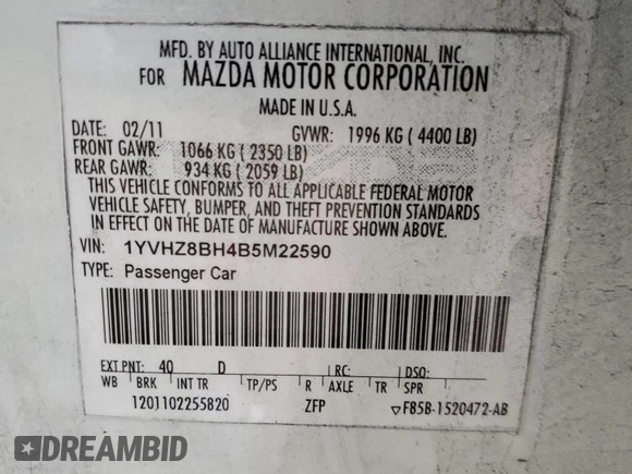 2011 Mazda Mazda6 i Sport with VIN 1YVHZ8BH4B5M22590, listed as a Copart auction lot 86483174 with 176,185 mi miles and Salvage Title. Bid and sale history available at carsss.com. Image 12.