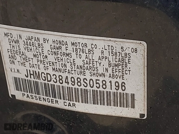 2008 Honda Fit with VIN JHMGD38498S058196, listed as a IAAI auction lot 42108353 with 1 mi miles. Bid and sale history available at carsss.com. Image 9.