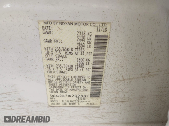 2018 Nissan Murano SV with VIN 5N1AZ2MG7JN202881, listed as a IAAI auction lot 41745321 with 111,567 mi miles and . Bid and sale history available at DreamBid. Image 9.