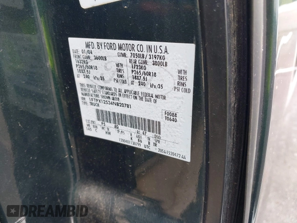 2004 Ford F-150 XL with VIN 1FTPX12534NB20781, listed as a IAAI auction lot 42398312 with 306,459 mi miles and . Bid and sale history available at DreamBid. Image 9.