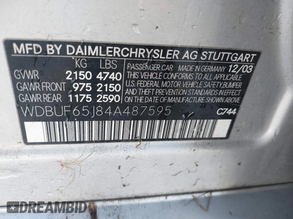 2004 Mercedes-Benz E 320 with VIN WDBUF65J84A487595, listed as a IAAI auction lot 41993629 with 212,359 mi miles and . Bid and sale history available at carsss.com. Image 9.