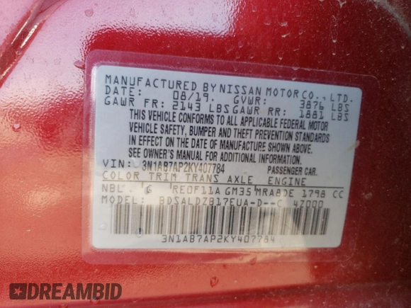 2019 Nissan Sentra S with VIN 3N1AB7AP2KY407784, listed as a Copart auction lot 46526705 with 76,463 mi miles and Salvage title. Bid and sale history available at DreamBid. Image 13.