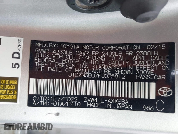 2015 Toyota Prius Two with VIN JTDZN3EU7FJ025812, listed as a IAAI auction lot 41958867 with 129,435 mi miles and . Bid and sale history available at DreamBid. Image 9.