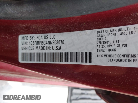2022 Ram 1500 Big Horn with VIN 1C6RRFBG4NN263670, listed as a IAAI auction lot 41598066 with 49,999 mi miles and . Bid and sale history available at DreamBid. Image 9.