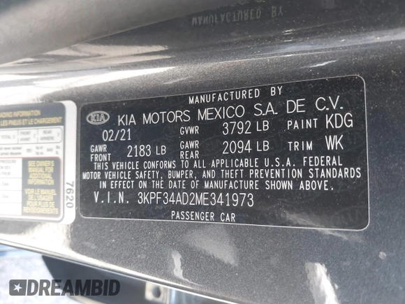 2021 Kia Forte GT-Line z VIN 3KPF34AD2ME341973, wystawiony jako IAAI lot #42084462 z przebiegiem 61 542 mil mil oraz . Historia ofert i sprzedaży dostępna na DreamBid. Obrazek 9.