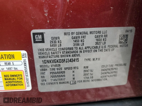 2015 Chevrolet Traverse LT with VIN 1GNKVGKD3FJ343415, listed as a Copart auction lot 56736835 with 144,937 mi miles and Clean title. Bid and sale history available at DreamBid. Image 13.