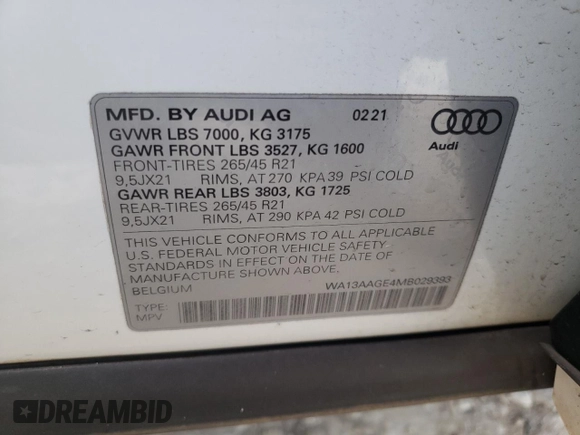 2021 Audi e-tron Sportback Prestige with VIN WA13AAGE4MB029393, listed as a Copart auction lot 46763104 with 34,805 mi miles and Salvage title. Bid and sale history available at DreamBid. Image 14.