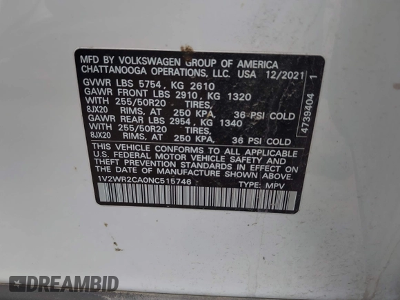 2022 Volkswagen Atlas SE с VIN 1V2WR2CA0NC515746, выставлен на аукционе IAAI как лот 41877524 с пробегом 50 921 миль миль и . История ставок и продаж доступна на DreamBid. Изображение 9.