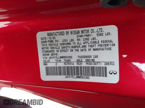 2021 Infiniti Q60 Red Sport 400 with VIN JN1FV7LL8MM560392, listed as a IAAI auction lot 41548964 with 14,057 mi miles and . Bid and sale history available at DreamBid. Image 9.