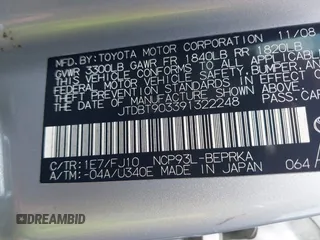 2009 Toyota Yaris with VIN JTDBT903391322248, listed as a IAAI auction lot 40112165 with 193,625 mi miles. Bid and sale history available at carsss.com. Image 9.