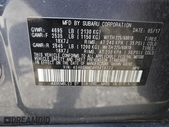 2017 Subaru Outback Limited z VIN 4S4BSANC4H3414772, wystawiony jako Copart lot #56042005 z przebiegiem 92 278 mil mil oraz Szkoda całkowita • Salvage title. Historia ofert i sprzedaży dostępna na DreamBid. Obrazek 13.