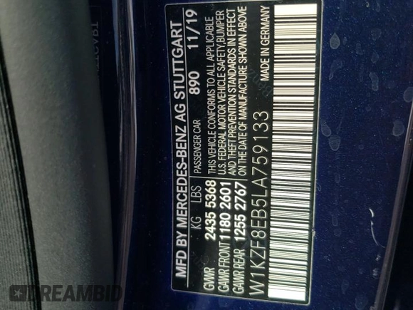 2020 Mercedes-Benz E 350 with VIN W1KZF8EB5LA759133, listed as a Copart auction lot 68238434 with Not Provided miles and Salvage Title. Bid and sale history available at DreamBid. Image 12.