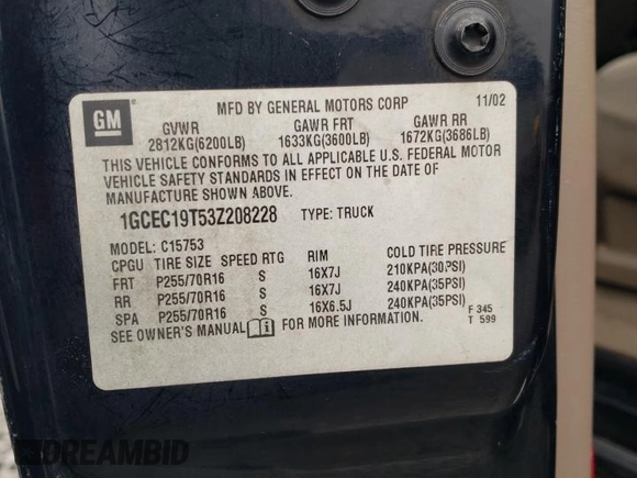 2003 Chevrolet Silverado 1500 LS with VIN 1GCEC19T53Z208228, listed as a Copart auction lot 44546895 with 299,266 mi miles and Salvage Title. Bid and sale history available at DreamBid. Image 12.