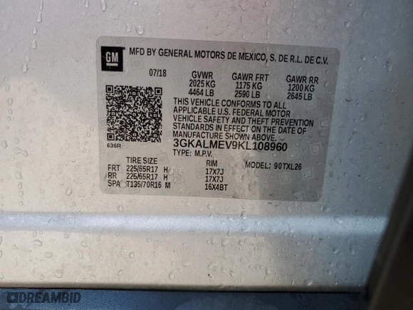 2019 GMC Terrain SLE with VIN 3GKALMEV9KL108960, listed as a Copart auction lot 43578875 with 164,987 mi miles and Non Repairable. Bid and sale history available at carsss.com. Image 13.
