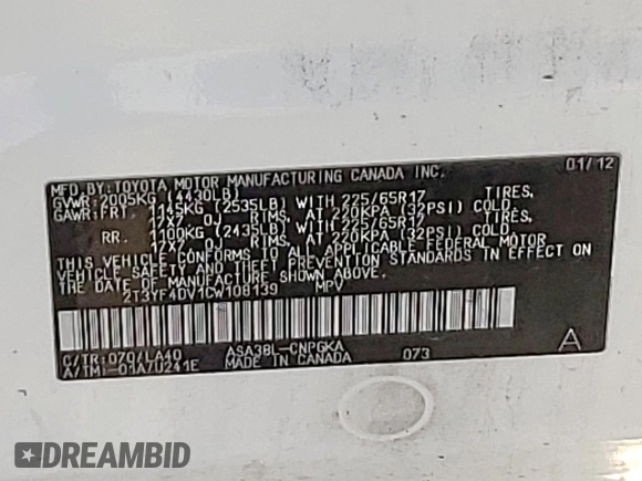 2012 Toyota RAV4 Limited with VIN 2T3YF4DV1CW108139, listed as a Copart auction lot 52986085 with 198,073 mi miles and Salvage title. Bid and sale history available at DreamBid. Image 12.