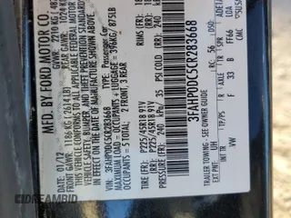 2012 Ford Fusion SPORT with VIN 3FAHP0DC5CR283668, listed as a Copart auction lot 72283134 with 144,057 mi miles and Salvage Title. Bid and sale history available at carsss.com. Image 14.