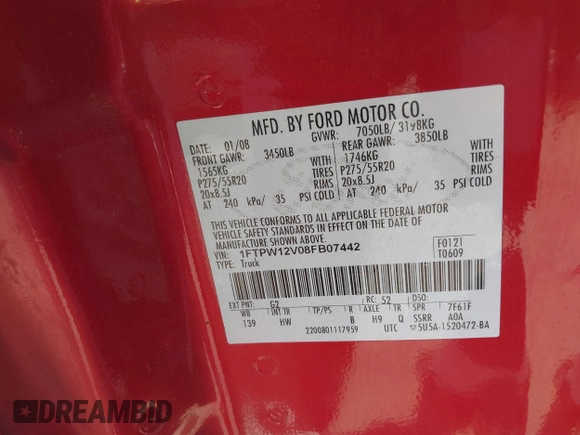 2008 Ford F-150 XLT with VIN 1FTPW12V08FB07442, listed as a IAAI auction lot 41783700 with 194,733 mi miles. Bid and sale history available at carsss.com. Image 9.