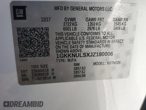 2018 GMC Acadia SLT z VIN 1GKKNULSXJZ180006, wystawiony jako Copart lot #54325255 z przebiegiem 99 033 mil mil oraz Szkoda całkowita • Salvage title. Historia ofert i sprzedaży dostępna na DreamBid. Obrazek 14.