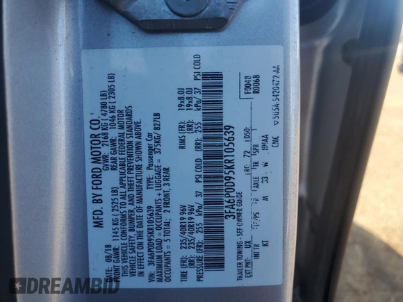 2019 Ford Fusion Titanium with VIN 3FA6P0D95KR105639, listed as a Copart auction lot 47495405 with 94,653 mi miles and Salvage Title. Bid and sale history available at carsss.com. Image 12.
