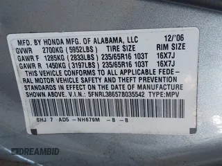 2007 Honda Odyssey EX-L with VIN 5FNRL38657B035542, listed as a IAAI auction lot 42185191 with Not Provided miles and . Bid and sale history available at DreamBid. Image 9.
