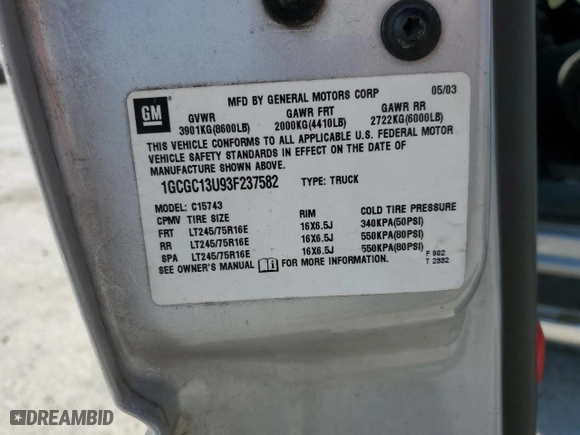 2003 Chevrolet Silverado 1500HD LS with VIN 1GCGC13U93F237582, listed as a Copart auction lot 50699905 with 0 mi miles and Salvage Title. Bid and sale history available at carsss.com. Image 14.