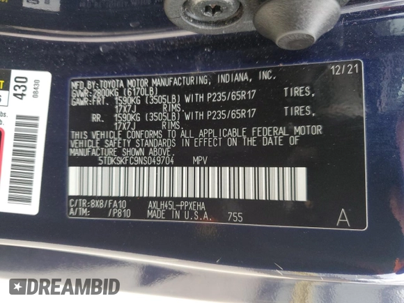 2022 Toyota Sienna LE z VIN 5TDKSKFC9NS049704, wystawiony jako Copart lot #41782995 z przebiegiem 8 014 mil mil oraz Szkoda całkowita • Salvage title. Historia ofert i sprzedaży dostępna na DreamBid. Obrazek 14.