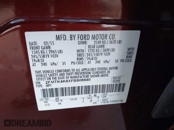 2015 Ford Edge Titanium with VIN 2FMTK4K8XFBB08680, listed as a IAAI auction lot 42066393 with 106,287 mi miles. Bid and sale history available at carsss.com. Image 9.