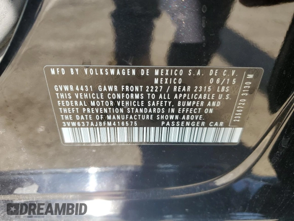 2015 Volkswagen Jetta Sedan Hybrid SEL Premium with VIN 3VW637AJ8FM416575, listed as a Copart auction lot 81854754 with 0 mi miles and Salvage Title. Bid and sale history available at carsss.com. Image 14.