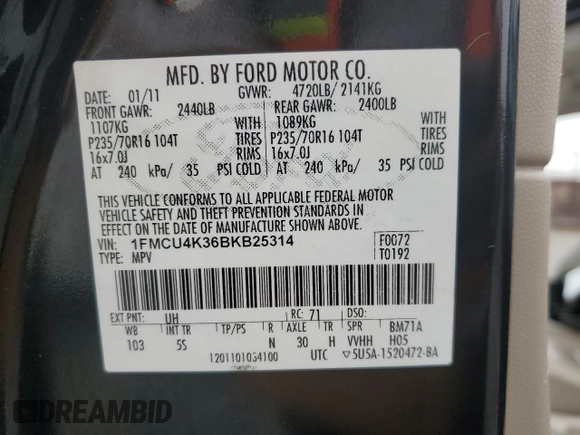 2011 Ford Escape Hybrid с VIN 1FMCU4K36BKB25314, выставлен на аукционе Copart как лот 60863695 с пробегом 165 013 миль миль и Списание • Salvage title. История ставок и продаж доступна на DreamBid. Изображение 13.