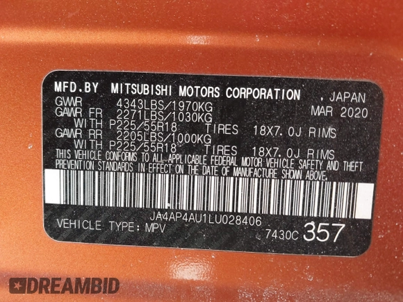 2020 Mitsubishi Outlander Sport SE 2.0 with VIN JA4AP4AU1LU028406, listed as a IAAI auction lot 41379684 with 88,676 mi miles. Bid and sale history available at carsss.com. Image 9.
