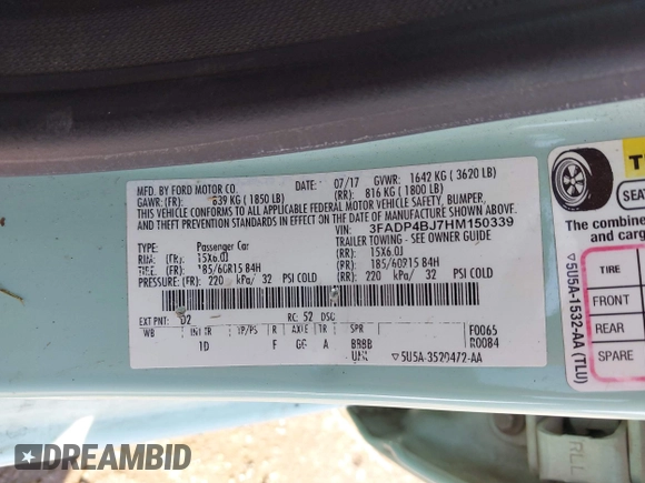 2017 Ford Fiesta SE with VIN 3FADP4BJ7HM150339, listed as a IAAI auction lot 42007084 with 109,334 mi miles. Bid and sale history available at carsss.com. Image 9.
