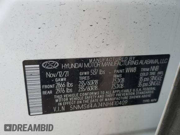 2022 Hyundai Santa Fe XRT z VIN 5NMS64AJ4NH410409, wystawiony jako Copart lot #43988015 z przebiegiem 20 118 mil mil oraz Szkoda całkowita • Salvage title. Historia ofert i sprzedaży dostępna na DreamBid. Obrazek 15.