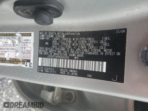 2004 Toyota Highlander z VIN JTEGP21A940036204, wystawiony jako Copart lot #59156595 z przebiegiem 208 508 mil mil oraz Czysty tytuł • Clean title. Historia ofert i sprzedaży dostępna na DreamBid. Obrazek 13.