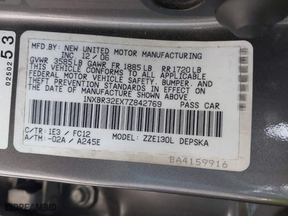 2007 Toyota Corolla CE with VIN 1NXBR32EX7Z842769, listed as a IAAI auction lot 41887157 with 148,624 mi miles. Bid and sale history available at carsss.com. Image 9.