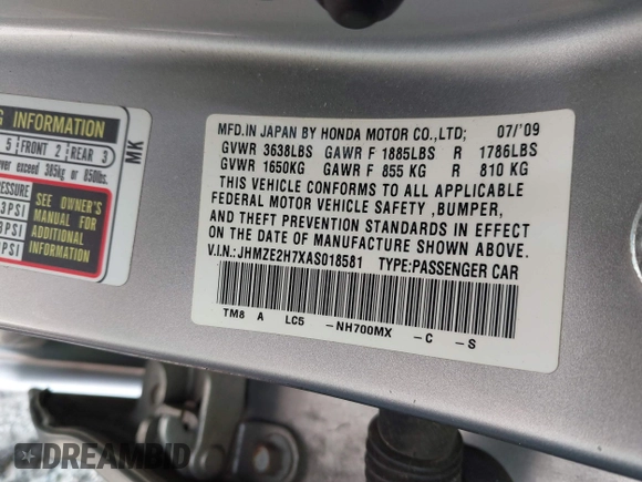 2010 Honda Insight EX with VIN JHMZE2H7XAS018581, listed as a IAAI auction lot 42398439 with 188,692 mi miles and . Bid and sale history available at DreamBid. Image 9.