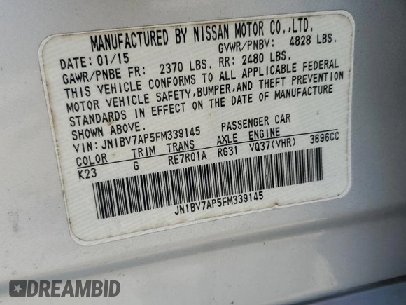 2015 Infiniti Q50 Premium with VIN JN1BV7AP5FM339145, listed as a Copart auction lot 59925625 with 152,396 mi miles and Clean title. Bid and sale history available at DreamBid. Image 12.