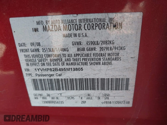 2009 Mazda 6 S Grand Touring with VIN 1YVHP82B495M13805, listed as a IAAI auction lot 41595504 with 156,432 mi miles and . Bid and sale history available at DreamBid. Image 9.