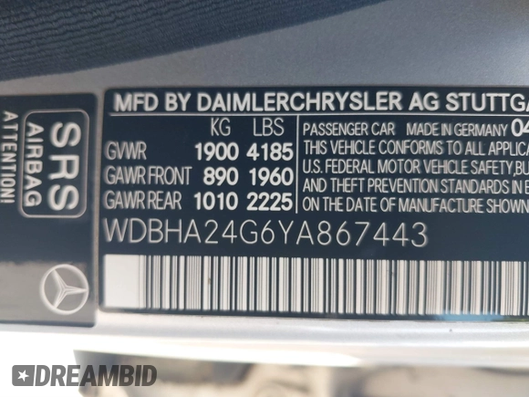 2000 Mercedes-Benz C 230 Kompressor with VIN WDBHA24G6YA867443, listed as a IAAI auction lot 41012333 with 249,154 mi miles and . Bid and sale history available at carsss.com. Image 9.