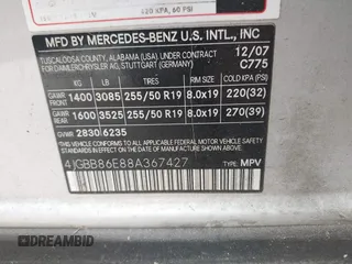 2008 Mercedes-Benz M 350 with VIN 4JGBB86E88A367427, listed as a IAAI auction lot 41828726 with 102,147 mi miles and . Bid and sale history available at DreamBid. Image 9.