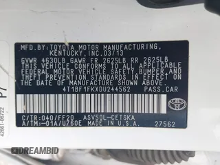 2013 Toyota Camry L with VIN 4T1BF1FKXDU244562, listed as a IAAI auction lot 42050483 with 263,068 mi miles. Bid and sale history available at carsss.com. Image 9.