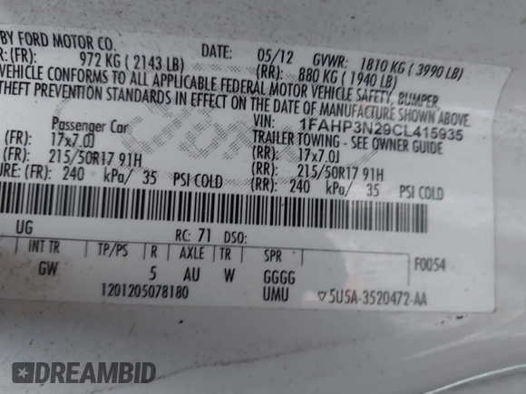2012 Ford Focus Titanium with VIN 1FAHP3N29CL415935, listed as a IAAI auction lot 42004275 with 227,262 mi miles and . Bid and sale history available at carsss.com. Image 9.
