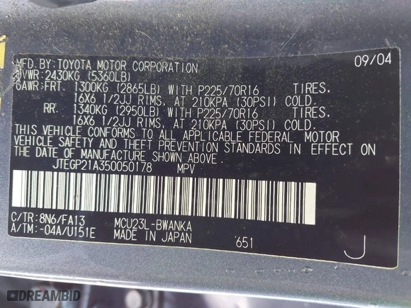 2005 Toyota Highlander with VIN JTEGP21A350050178, listed as a IAAI auction lot 41968432 with 201,657 mi miles. Bid and sale history available at carsss.com. Image 9.