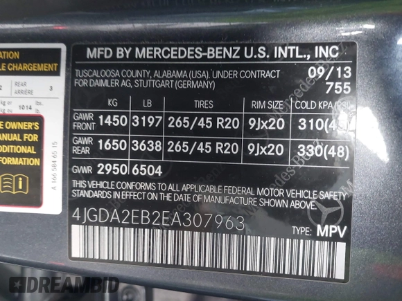 2014 Mercedes-Benz M 350 with VIN 4JGDA2EB2EA307963, listed as a IAAI auction lot 41582162 with 54,963 mi miles and . Bid and sale history available at DreamBid. Image 9.