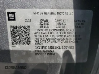 2019 Chevrolet Volt LT with VIN 1G1RC6S51KU127483, listed as a Copart auction lot 50159905 with 0 mi miles and Salvage Title. Bid and sale history available at carsss.com. Image 12.