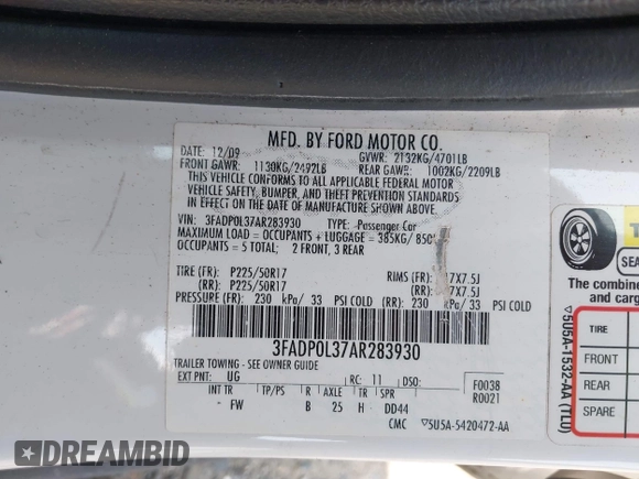 2010 Ford Fusion Hybrid с VIN 3FADP0L37AR283930, выставлен на аукционе IAAI как лот 42494005 с пробегом 179 592 миль миль и . История ставок и продаж доступна на DreamBid. Изображение 9.
