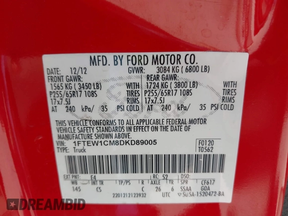 2013 Ford F-150 XL with VIN 1FTEW1CM8DKD89005, listed as a IAAI auction lot 41984036 with 193,744 mi miles and . Bid and sale history available at DreamBid. Image 9.