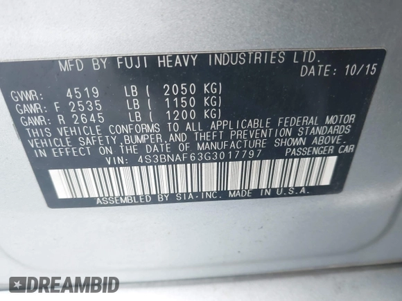 2016 Subaru Legacy Premium with VIN 4S3BNAF63G3017797, listed as a IAAI auction lot 42492611 with 96,268 mi miles and . Bid and sale history available at DreamBid. Image 9.