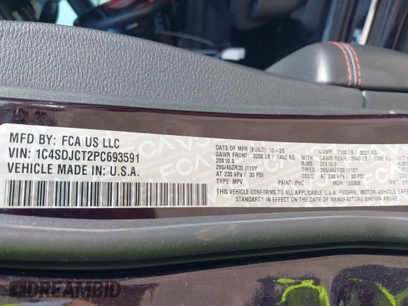 2023 Dodge Durango R/T Plus z VIN 1C4SDJCT2PC693591, wystawiony jako IAAI lot #41858050 z przebiegiem 9 238 mil mil oraz . Historia ofert i sprzedaży dostępna na DreamBid. Obrazek 9.