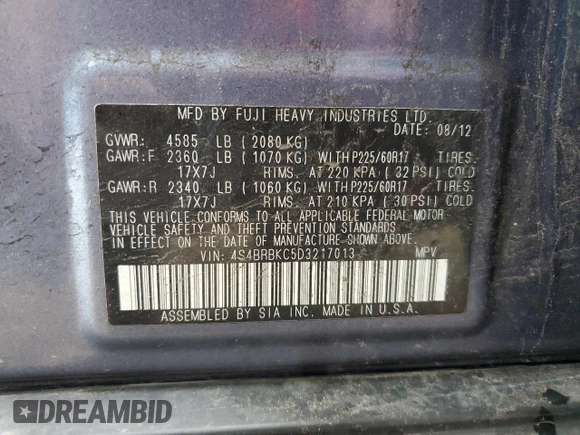 2013 Subaru Outback Limited with VIN 4S4BRBKC5D3217013, listed as a Copart auction lot 65209215 with 240,408 mi miles and Clean title. Bid and sale history available at DreamBid. Image 13.